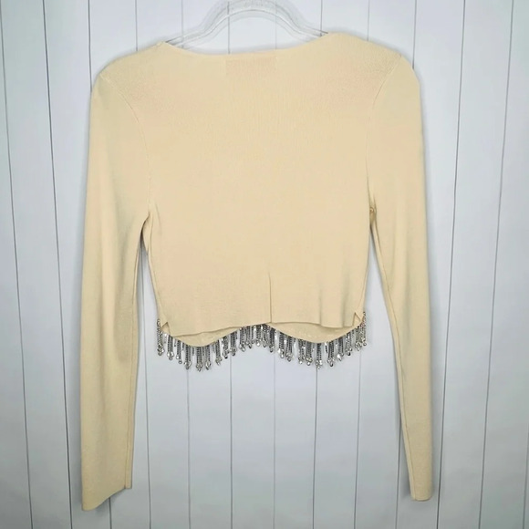 The Dixie Beige Rhinestone Fringe Long Sleeve Crop Top Disco Cowgirl Swifties L - Picture 3 of 10